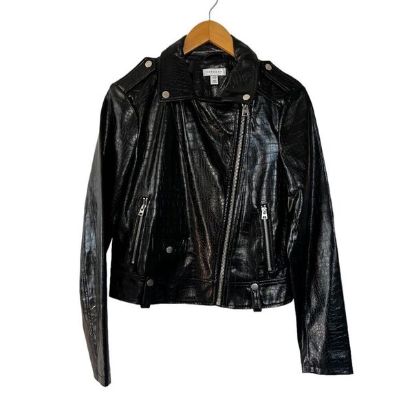 TOPSHOP Black Faux Leather Jacket Size 6 - Picture 2 of 8